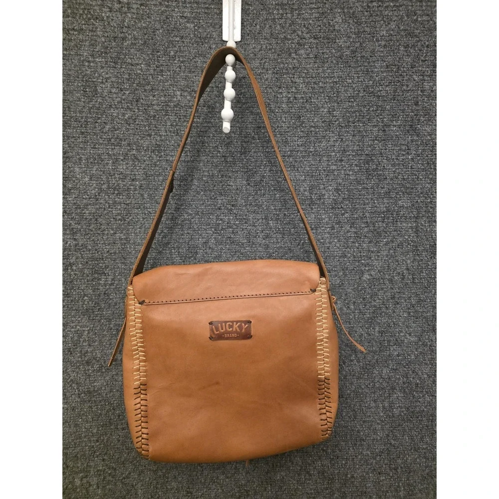 Y2K Lucky Brand Shoulder Bag  Medium Brown Leather Geometric‎ Whipstitch Rare
